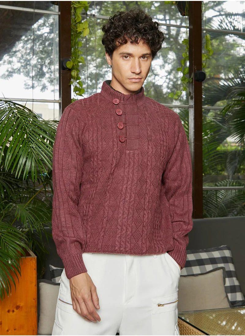 Campus Sutra Men's Maroon Red Rhombus Knit Sweater