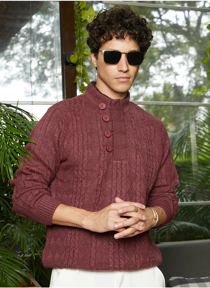 Campus Sutra Men's Maroon Red Rhombus Knit Sweater