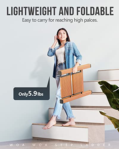 WOA WOA 2 Step Ladder, Foldable Step Stool, Aluminum Lightweight Ladder for Home Kitchen Closet, Anti-Slip Pedals, Ease of Folding, Portable, 300lbs Capacity - Wood Grain - Image 3