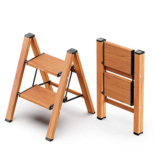 WOA WOA 2 Step Ladder, Foldable Step Stool, Aluminum Lightweight Ladder for Home Kitchen Closet, Anti-Slip Pedals, Ease of Folding, Portable, 300lbs Capacity - Wood Grain - Image 1