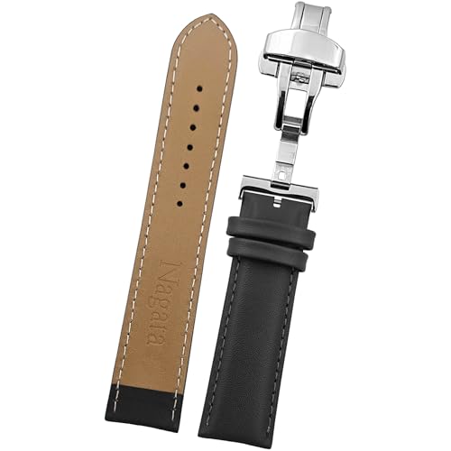DBLACK ''NAGATA3'' Leather Watch Strap with Butterfly Lock, Minimalist Design Watch Belt // For 18mm, 20mm, 22mm, or 24mm Watch Band (Choose Your Size & Color) (Black, 22mm / Silver) - Image 1