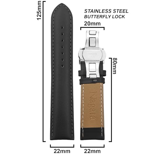 DBLACK ''NAGATA3'' Leather Watch Strap with Butterfly Lock, Minimalist Design Watch Belt // For 18mm, 20mm, 22mm, or 24mm Watch Band (Choose Your Size & Color) (Black, 22mm / Silver) - Image 2