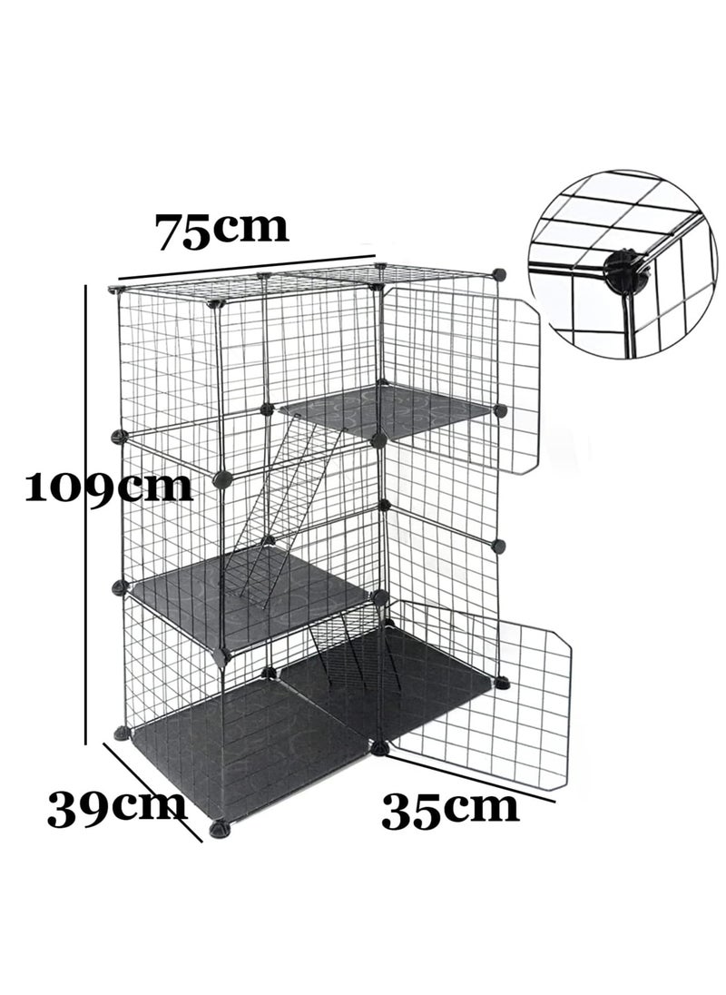 MissTiara - Indoor Cat Cage Large DIY Cat Enclosure Small Animals Cages with 3 Doors, 2 Ladders 109 x 75 x 39 cm Anti-jumping Kitten Crate Indoor Use Pet Cages for Cats, Bunny, Black - Image 1