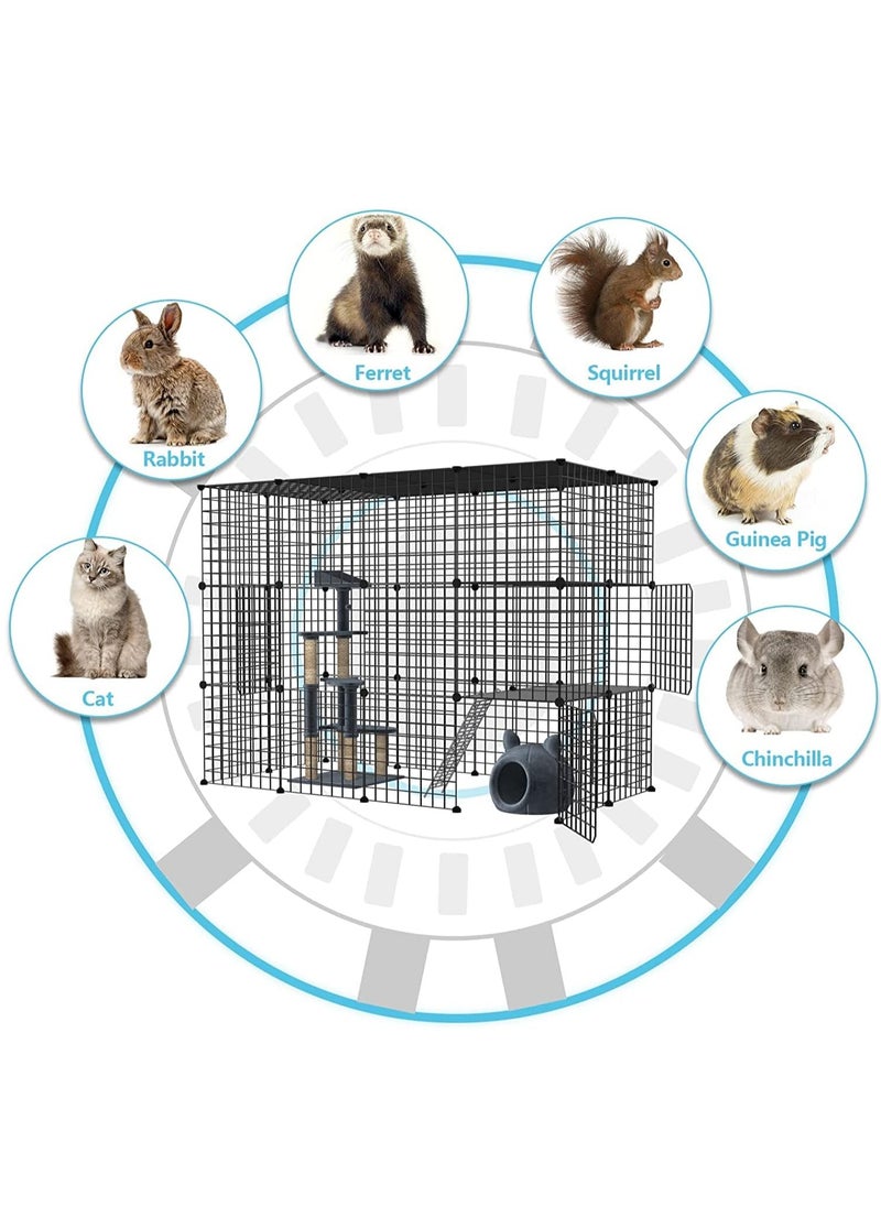 MissTiara - Indoor Cat Cage Large DIY Cat Enclosure Small Animals Cages with 3 Doors, 2 Ladders 109 x 75 x 39 cm Anti-jumping Kitten Crate Indoor Use Pet Cages for Cats, Bunny, Black - Image 1