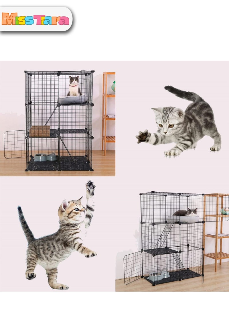 MissTiara - Indoor Cat Cage Large DIY Cat Enclosure Small Animals Cages with 3 Doors, 2 Ladders 109 x 75 x 39 cm Anti-jumping Kitten Crate Indoor Use Pet Cages for Cats, Bunny, Black - Image 1