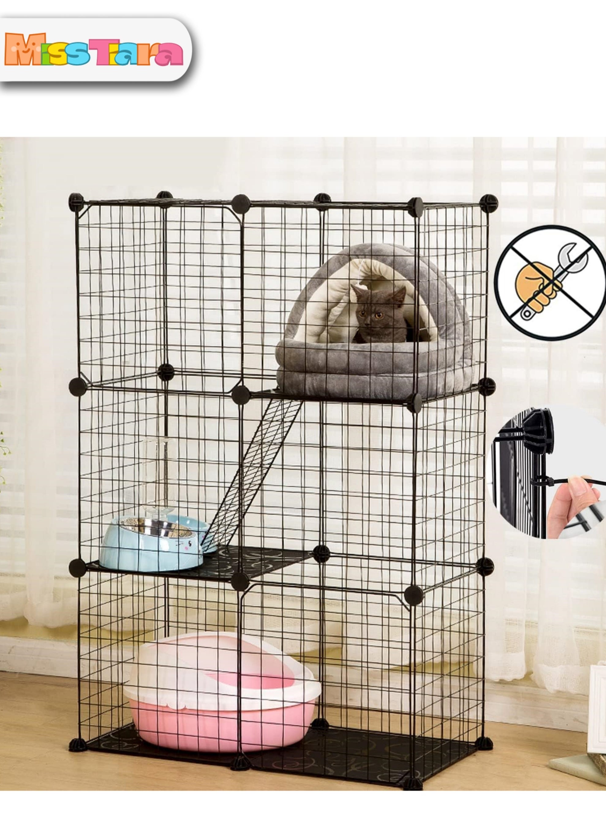 MissTiara Indoor Cat Cage Large DIY Cat Enclosure Small Animals Cages with 3 Doors, 2 Ladders 109 x 75 x 39 cm Anti-jumping Kitten Crate Indoor Use Pet Cages for Cats, Bunny, Black 