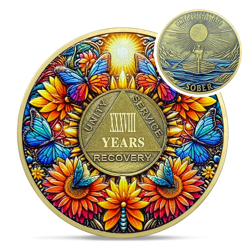 Delicate Sunflower 38 Year Sobriety Coin 38 Year Recovery Butterfly AA Coins One Day at A Time NA HA AA Chips and Medallions 140 Years Living Clean Alcoholics Anonymous Gifts for Men Women