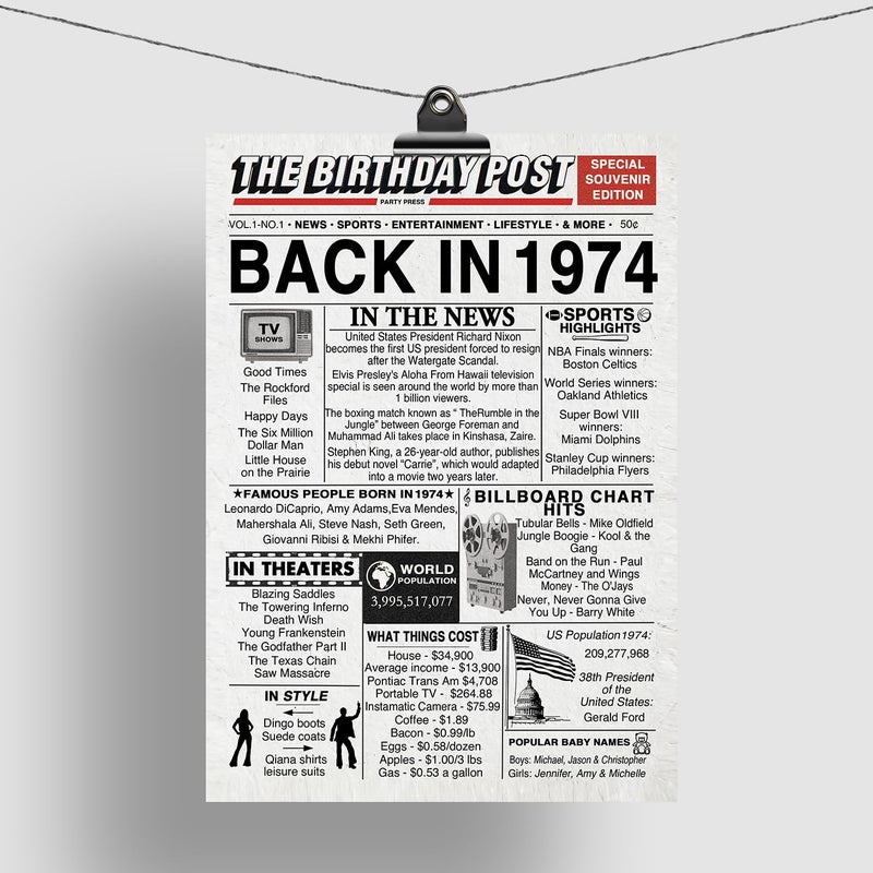 Stuff4 51st Birthday Poster Unframed - Back In 1974 Newspaper - Happy 51st Birthday Gifts for Men Women Vintage Retro Born In 1974  8x10 Inch Fifty-One Fifty-First Bday Party Decor Decoration - Image 4