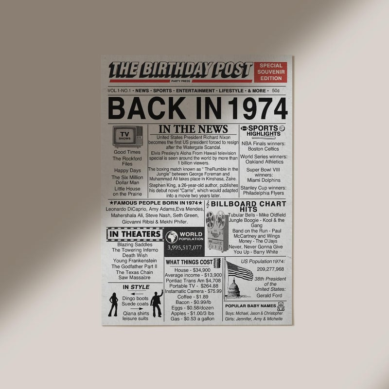 Stuff4 51st Birthday Poster Unframed - Back In 1974 Newspaper - Happy 51st Birthday Gifts for Men Women Vintage Retro Born In 1974  8x10 Inch Fifty-One Fifty-First Bday Party Decor Decoration - Image 3