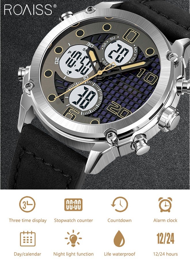 roaiss Analog Digital Dual Display Sports Watch for Men Multifunctional Waterproof Luminous Leather Strap Electronic Quartz Wristwatch with Alarm Stopwatch Backlight 12H/24H for Outdoor Activities - Image 3