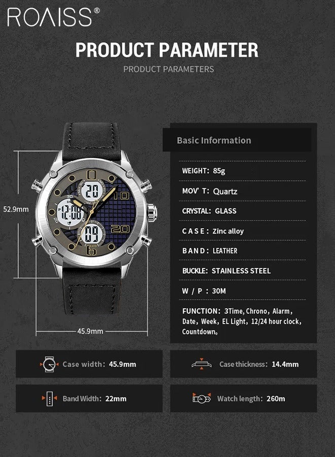 roaiss Analog Digital Dual Display Sports Watch for Men Multifunctional Waterproof Luminous Leather Strap Electronic Quartz Wristwatch with Alarm Stopwatch Backlight 12H/24H for Outdoor Activities - Image 4