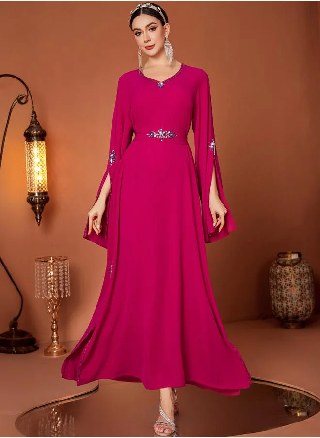 تايك تو Take Two Embellished Round Neck Split Sleeve Maxi Dress