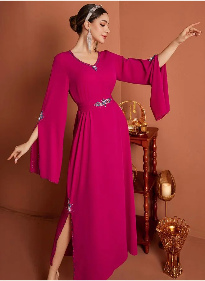 تايك تو Take Two Embellished Round Neck Split Sleeve Maxi Dress
