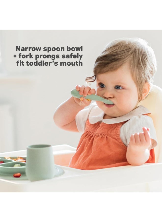 ezpz Mini Utensils - 12 Months+ (Fork & Spoon in Sage) - 100% BPA Free Fork and Spoon - Toddler Utensils - Designed by a Pediatric Feeding Specialist - Image 1