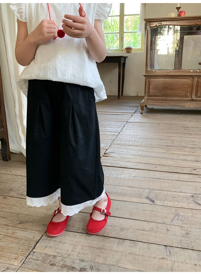 Spring 2-7 Years Old Girls' Stylish Korean Casual Lace Straight-leg Pants Long Pants For Outdoor Wear Wide-leg Pants