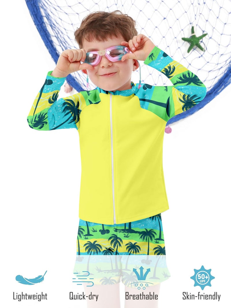 SunFocus Boys Bathing Suits Size 8 Hawaiian Long Sleeve Swimsuits Palm Tree 2 Piece Swim Set Zipper Rash Guard with Shorts - Image 4