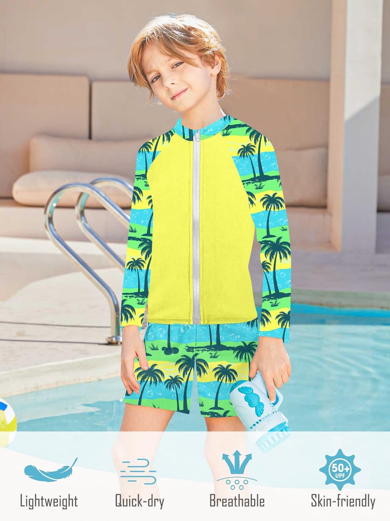 SunFocus Boys Bathing Suits Size 8 Hawaiian Long Sleeve Swimsuits Palm Tree 2 Piece Swim Set Zipper Rash Guard with Shorts - Image 3