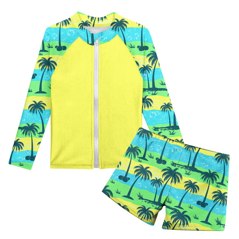 SunFocus Boys Bathing Suits Size 8 Hawaiian Long Sleeve Swimsuits Palm Tree 2 Piece Swim Set Zipper Rash Guard with Shorts - Image 2