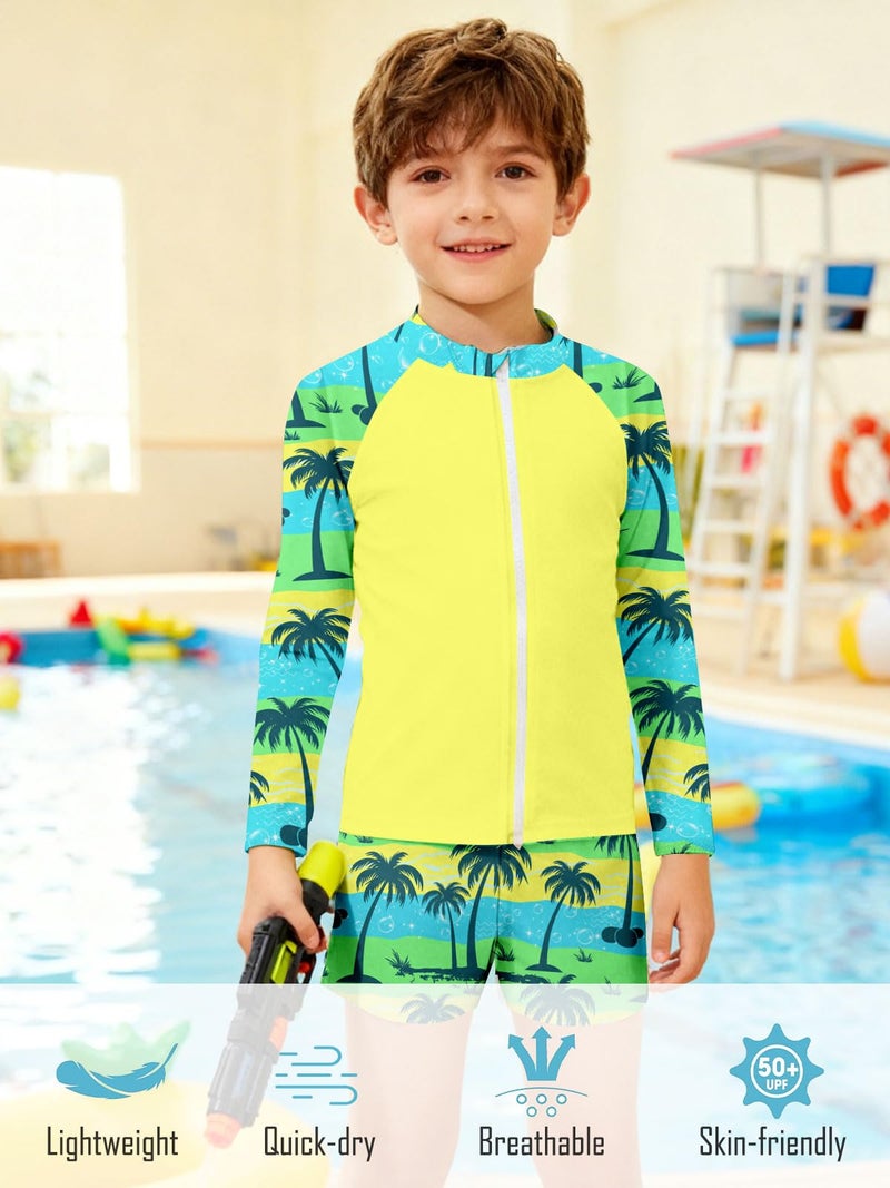 SunFocus Boys Bathing Suits Size 8 Hawaiian Long Sleeve Swimsuits Palm Tree 2 Piece Swim Set Zipper Rash Guard with Shorts - Image 5