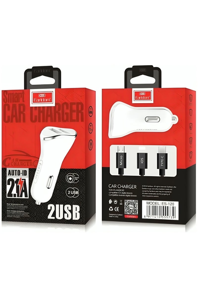 أيرلدوم شاحن سيارة Earldom Es-120 مع كابل USB 3 في 1 - أبيض - Image 3