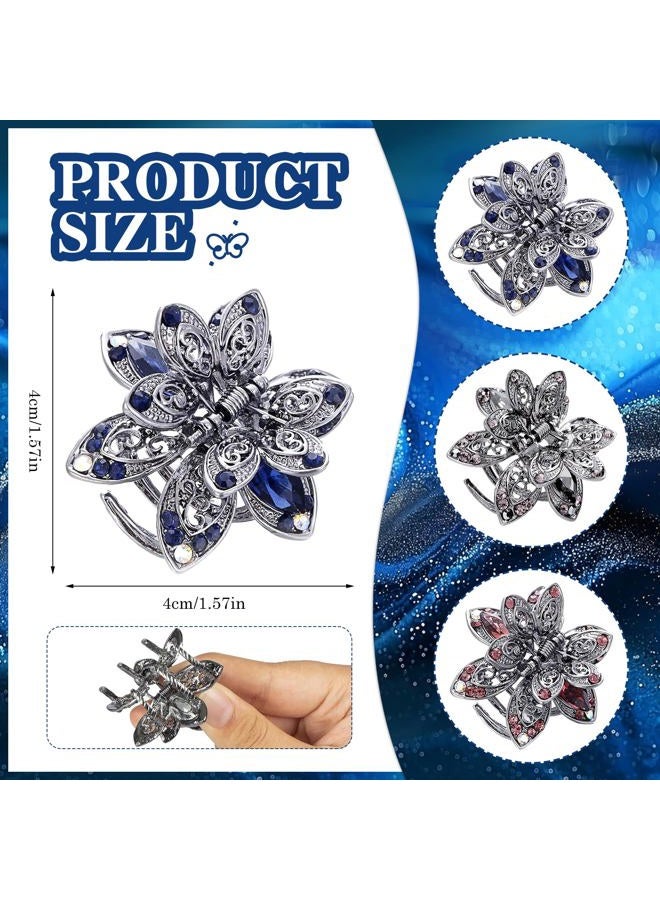 Glavatrix 3 Pack Mini Crystal Hair Clips, 1.5 in Small Metal Rhinestone Jaw Clips Non-Slip Vintage Flower Claw Clip, Bling Hair Clip Accessories for Women Girls, Grey - Image 2