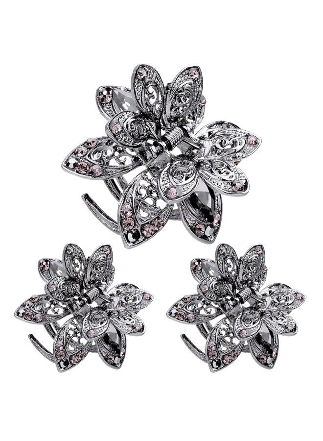 Glavatrix 3 Pack Mini Crystal Hair Clips, 1.5 in Small Metal Rhinestone Jaw Clips Non-Slip Vintage Flower Claw Clip, Bling Hair Clip Accessories for Women Girls, Grey - Image 1