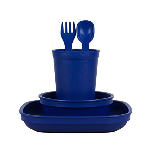 Re-Play RePlay Kids Dinnerware Set  10 oz Open Cup 7 Flat Plate 12 Oz Bowl Rounded Tip Fork and Deep Scoop Spoon  DishwasherMicrowave Safe  Made in USA  Navy Blue 
