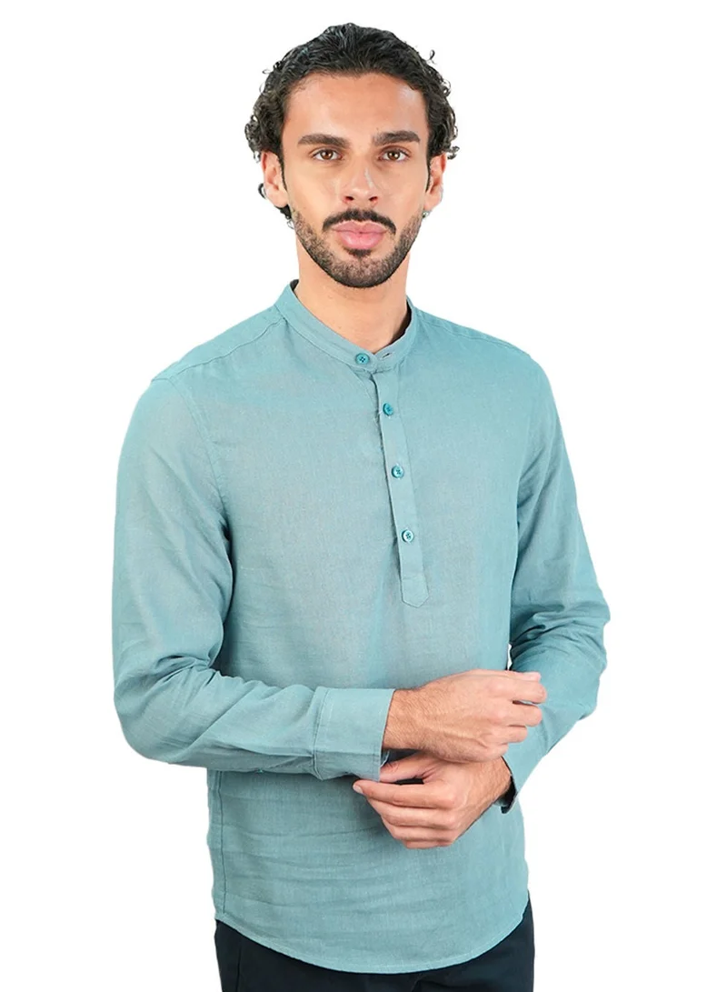جيوردانو Men's Slim Linen Cotton Band Collar Shirt