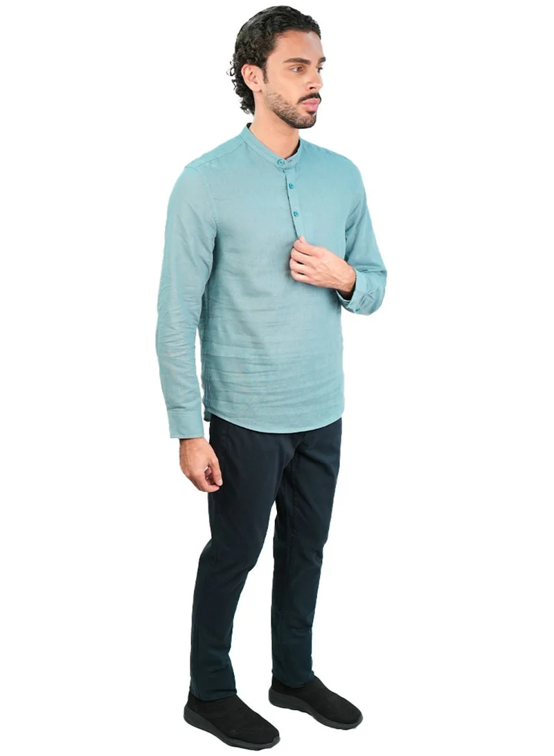 جيوردانو Men's Slim Linen Cotton Band Collar Shirt