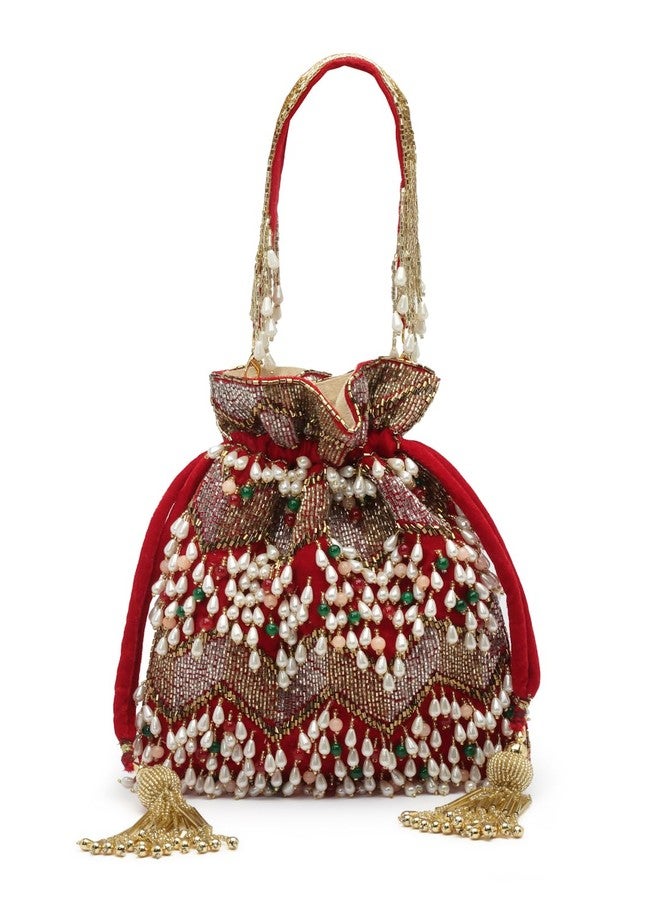 Anekaant Dangle Cherry Red & Multi Embellished Velvet Potli - Image 1