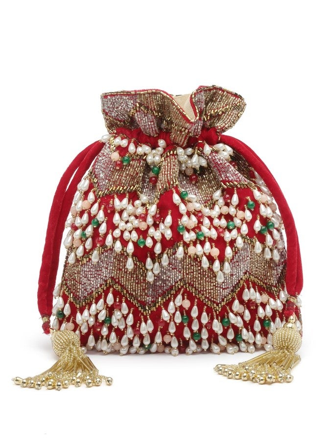 Anekaant Dangle Cherry Red & Multi Embellished Velvet Potli - Image 5