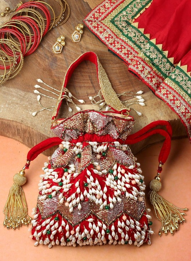 Anekaant Dangle Cherry Red & Multi Embellished Velvet Potli - Image 3