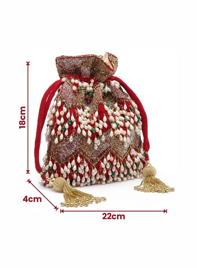 Anekaant Dangle Cherry Red & Multi Embellished Velvet Potli - Image 4
