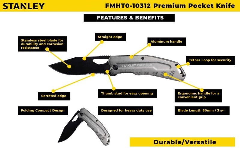Stanley FATMAX FMHT010312 Premium Pocket Foldable Knife Stainless Steel Blade Slim Lightweight Finger Contoured Aluminium Handle Silver - Image 2