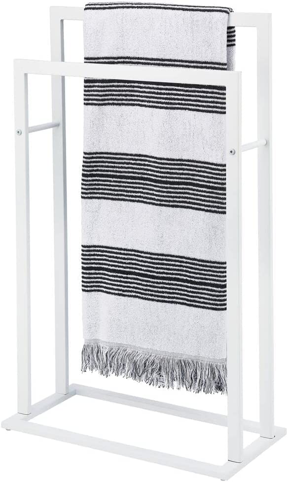 INDIAN DECOR INDIAN DECOR 41212 Classic Tall 2Tier FreeStanding Towel Rack Holder for Bathroom Storage and Organization Floor Stand Holds Bath Hand Towels Great for Guest Half Kids Bathrooms White  - Image 1