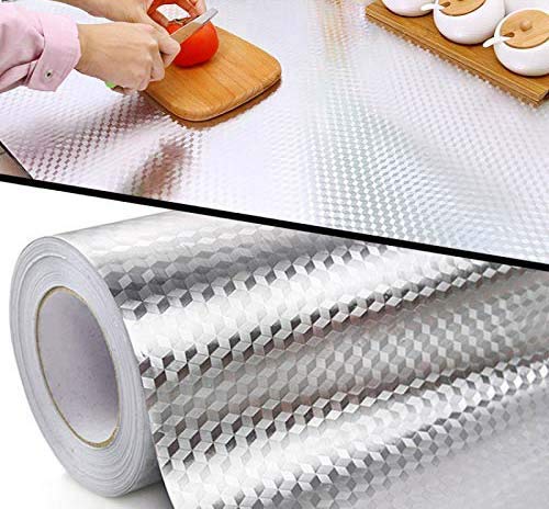 LAVNIK 2 Meter Kitchen Oil Proof Waterproof Aluminium Foil Stickers Kitchen Backsplash Wallpaper SelfAdhesive Wall Sticker AntiMold and Heat Resistant for Walls Cabinets Drawers and Shelves Silver - Image 2