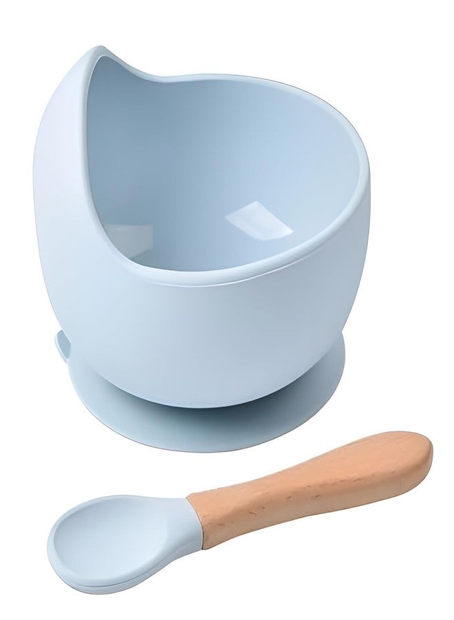 NOWFLY Baby Silicone Suction Bowl & Spoon Set | BPA-Free, Microwave & Dishwasher Safe | Wooden Handle Spoon | Feeding Set for Babies & Toddlers | Non-Slip, Unbreakable, Travel Friendly (Sky Blue) - Image 1