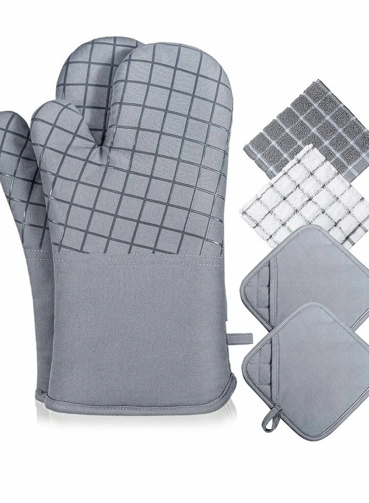 Oven Mitts and Pot Holders Sets, 550°F High Heat Resistant with Kitchen Towels Thick Cotton Gloves Non-Slip Silicone for Cooking Baking (6Pcs, Grey)  - Image 1
