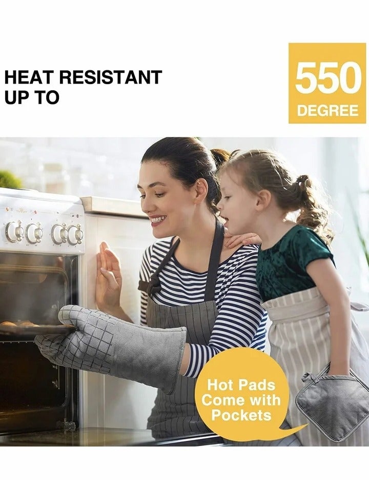 Oven Mitts and Pot Holders Sets, 550°F High Heat Resistant with Kitchen Towels Thick Cotton Gloves Non-Slip Silicone for Cooking Baking (6Pcs, Grey)  - Image 3
