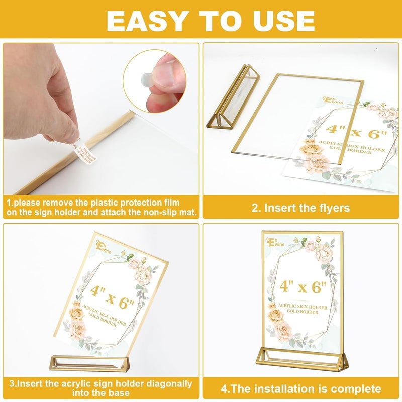 EHWINE 26 Pack 4×6 Clear Acrylic Sign Holder with Gold Borders and Vertical Stand, Double Sided Table Menu Holders Picture Frames for Wedding Table Numbers, Restaurant Signs, Photos and Art Display - Image 5