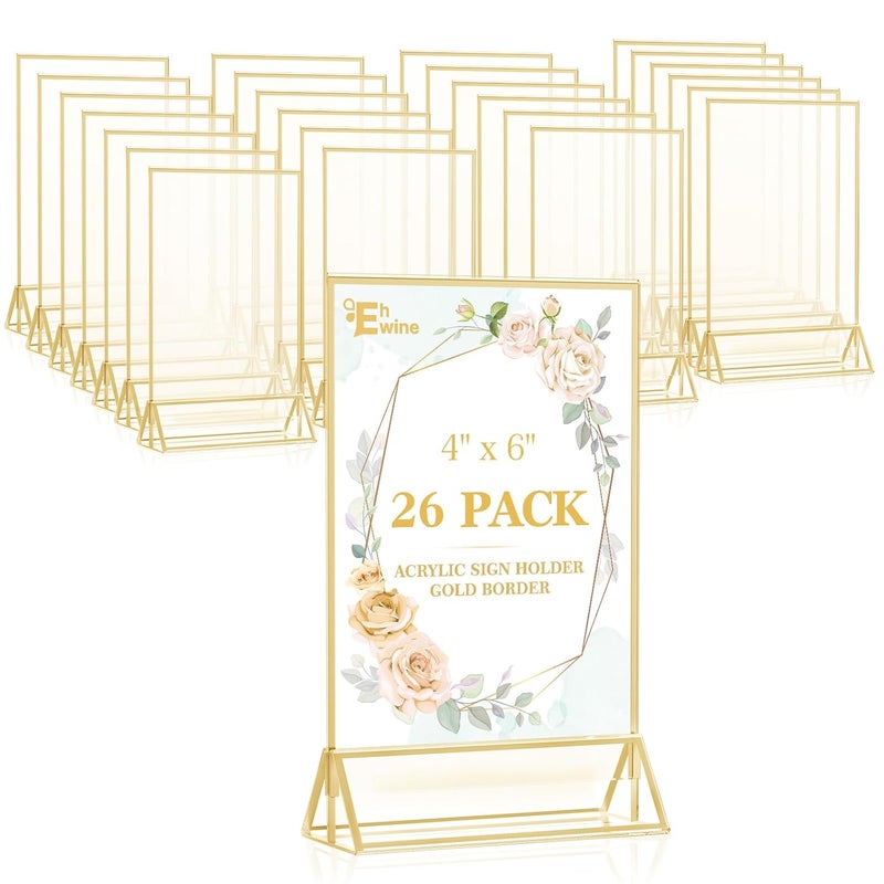 EHWINE 26 Pack 4×6 Clear Acrylic Sign Holder with Gold Borders and Vertical Stand, Double Sided Table Menu Holders Picture Frames for Wedding Table Numbers, Restaurant Signs, Photos and Art Display - Image 1