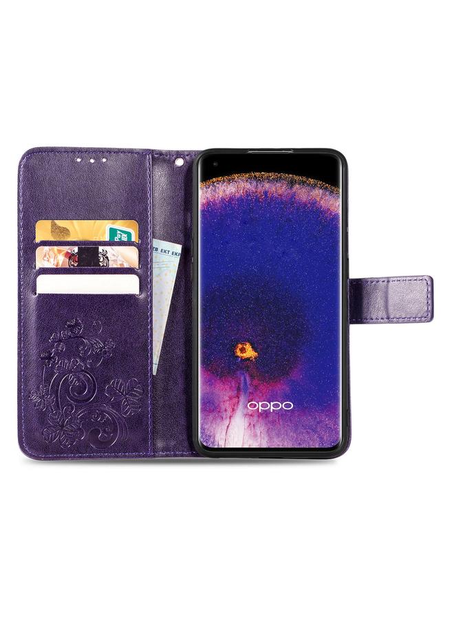 اس-توب جراب لهاتف OPPO Find X5 مصنوع من الجلد مع مشبك منقوش على شكل أربع أوراق - Image 3