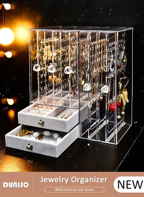 Multifunction Jewelry Organizer Necklace Holder, Jewelry Hanging Rack Storage with 2 layer Velvet Ring Bracelet Tray, Necklace Holder Organizer Bracelet Display Storage Rack for Studs Rings Womens and Girls
