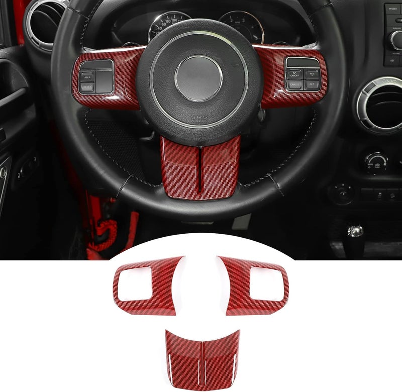 JeCar Interior Steering Wheel Decoration Trim Kits For Jeep Wrangler 2011-2017 JK & Unlimited/Patriot Compass 2011-2016 & Grand Cherokee 2011-2013, Red Carbon Fiber Finish - Image 1
