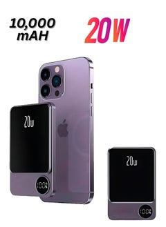 Wireless Power Bank Fast Charging 10000 mAh 20w With Digital Screen For MagSafe for iPhone and Andriod With Wire Battery Powerbank Portable Fast Charger Pocket Size Purple