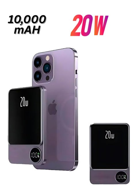Wireless Power Bank Fast Charging 10000 mAh 20w With Digital Screen For MagSafe for iPhone and Andriod With Wire Battery Powerbank Portable Fast Charger Pocket Size Purple