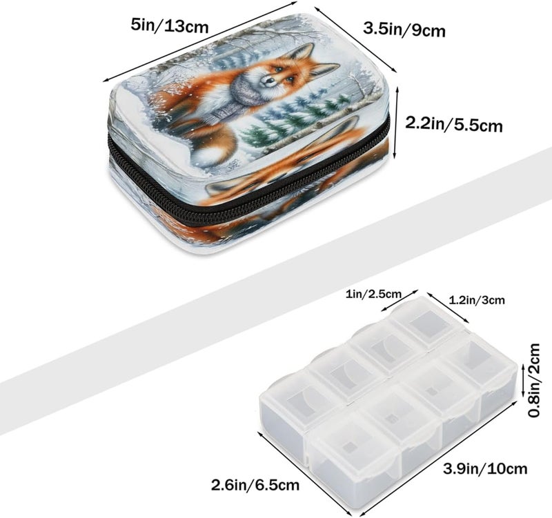 Fox Winter Animal Pill Case Travel Pill Organizer Weekly 7 Day Portable with Zipper Medicine Box Pill Case for Vitamins, Birth Control,Fish Oils,Medication, Supplements - Image 2
