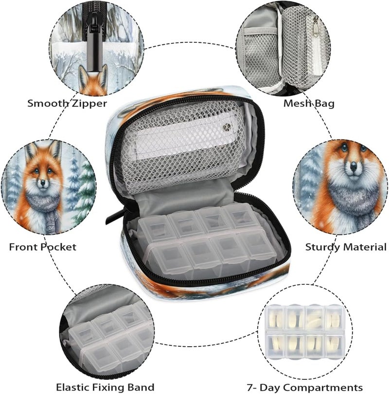 Fox Winter Animal Pill Case Travel Pill Organizer Weekly 7 Day Portable with Zipper Medicine Box Pill Case for Vitamins, Birth Control,Fish Oils,Medication, Supplements - Image 3