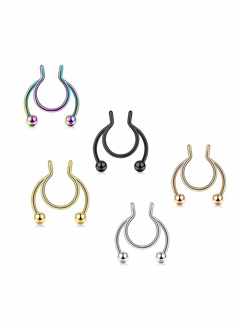6 Pcs Fake Nose Rings Hoop Clip-on, Stainless Steel Septum Jewelry Non Piercing Cartilage Earring Lip Rings Faux Clip on Nose Hoop Rings Body Piercing Jewelry - Image 5