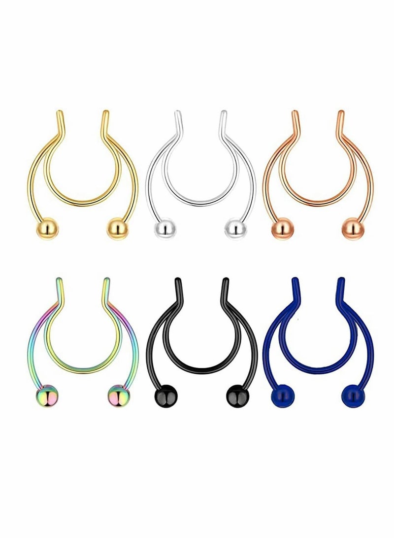 6 Pcs Fake Nose Rings Hoop Clip-on, Stainless Steel Septum Jewelry Non Piercing Cartilage Earring Lip Rings Faux Clip on Nose Hoop Rings Body Piercing Jewelry - Image 1